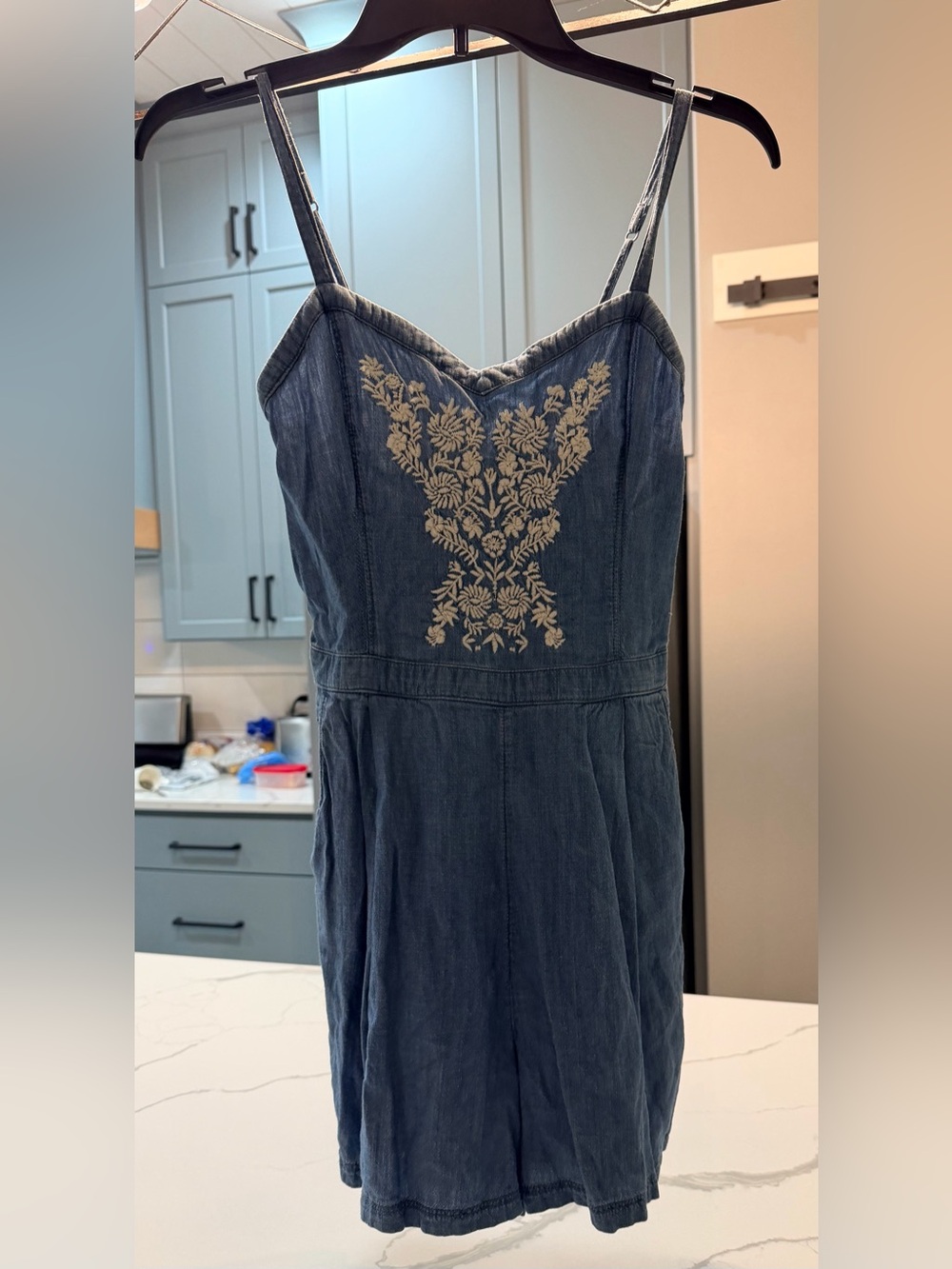 Hollister Blue Denim Strap Dress with Cream Floral Embroidery